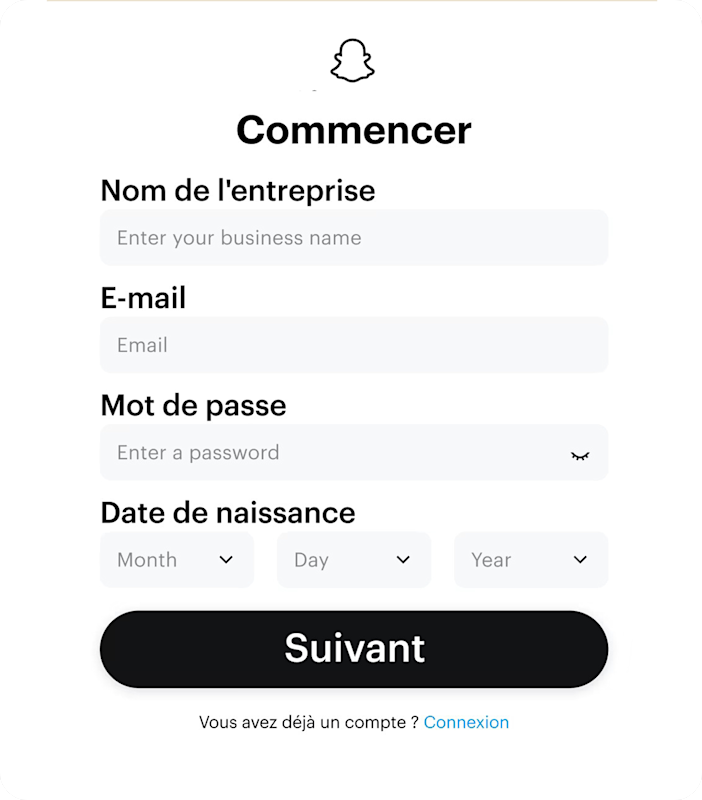 Ecran d inscription dans Ads Manager ou les entreprises saisissent leurs infos avant creer un snapchat public profile.