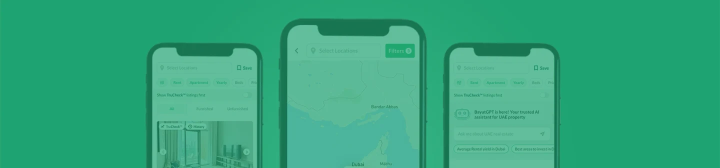 Close up of the Bayut mobile app experience across three different smartphones.