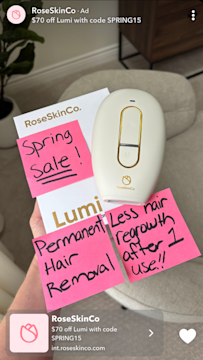 RoseSkinCo Snap Ad featuring the Lumi IPL device with handwritten sticky notes highlighting product benefits and discounts.