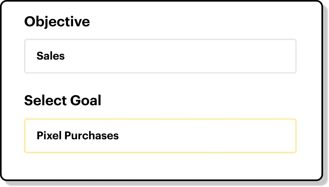 Snapchat Ad UI showing goal selection, with 'Sales' and 'Pixel Purchases' selected.