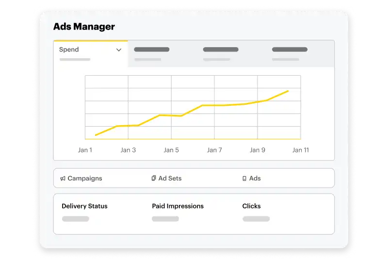 Snapchat Ads Manager dashboard displaying spend trends and performance metrics for campaigns impressions and clicks.