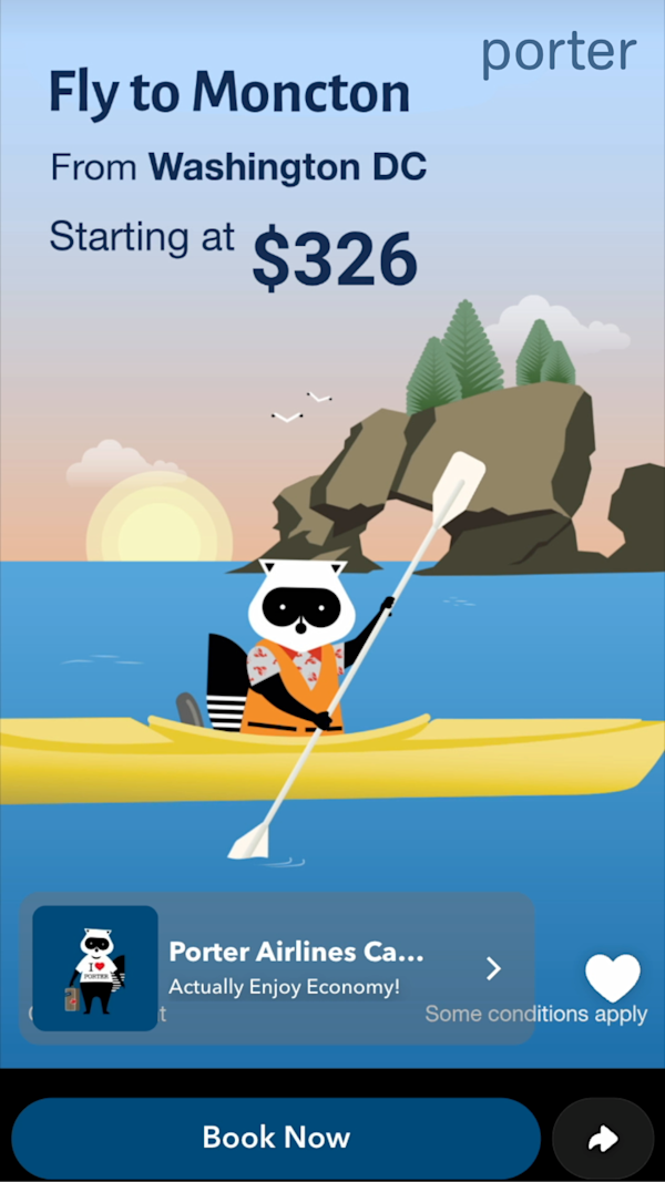Snapchat Dynamic Product Ad promoting a direct flight from Washington DC to Moncton, with a button underneath that reads 'Book Now'