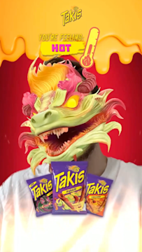 Snapchat AR Lens that places an animated dragon on the user’s face, along with a heat meter and three Takis flavors below.