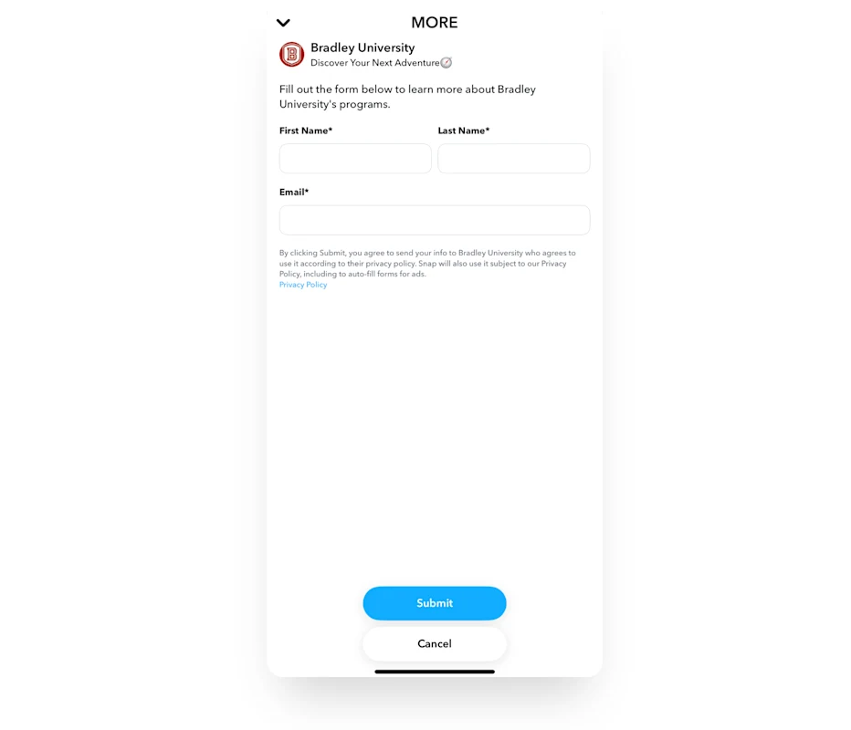 Snapchat lead form for Bradley University. Asks for First Name, Last Name, and Email followed by Submit/Cancel buttons.