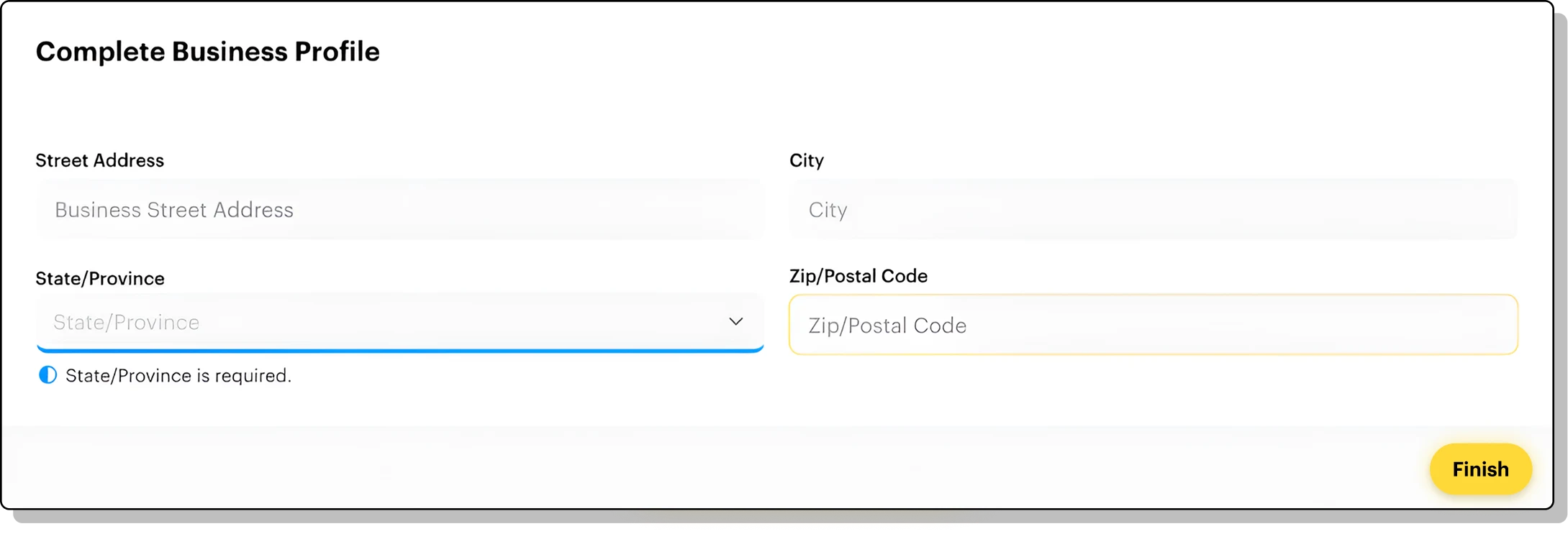 Screenshot of adding an address to business profile and pressing finish
