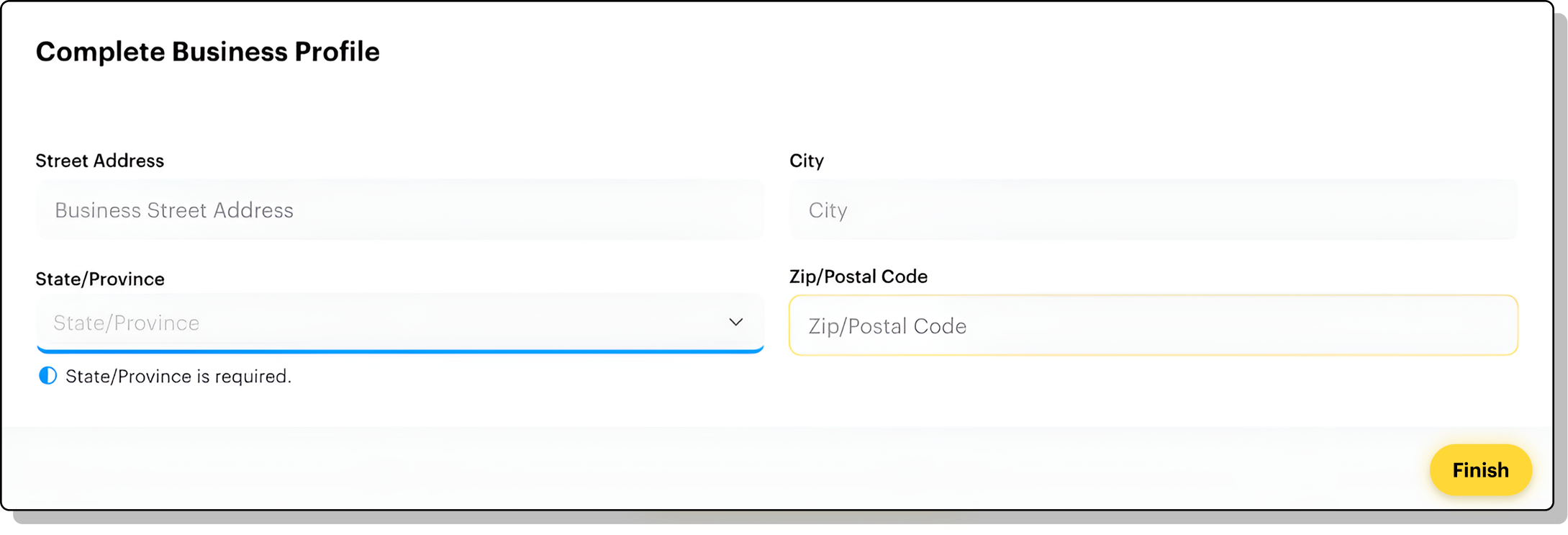 Screenshot of adding an address to business profile and pressing finish