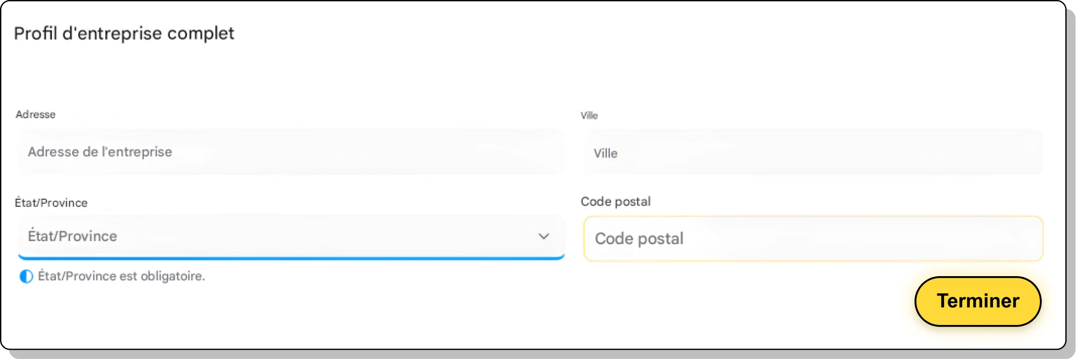 Screenshot of adding an address to business profile and pressing finish