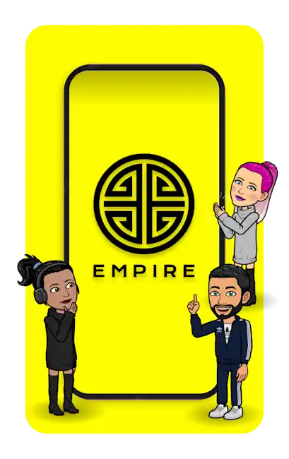 Bitmojis standing around Empire Records logo