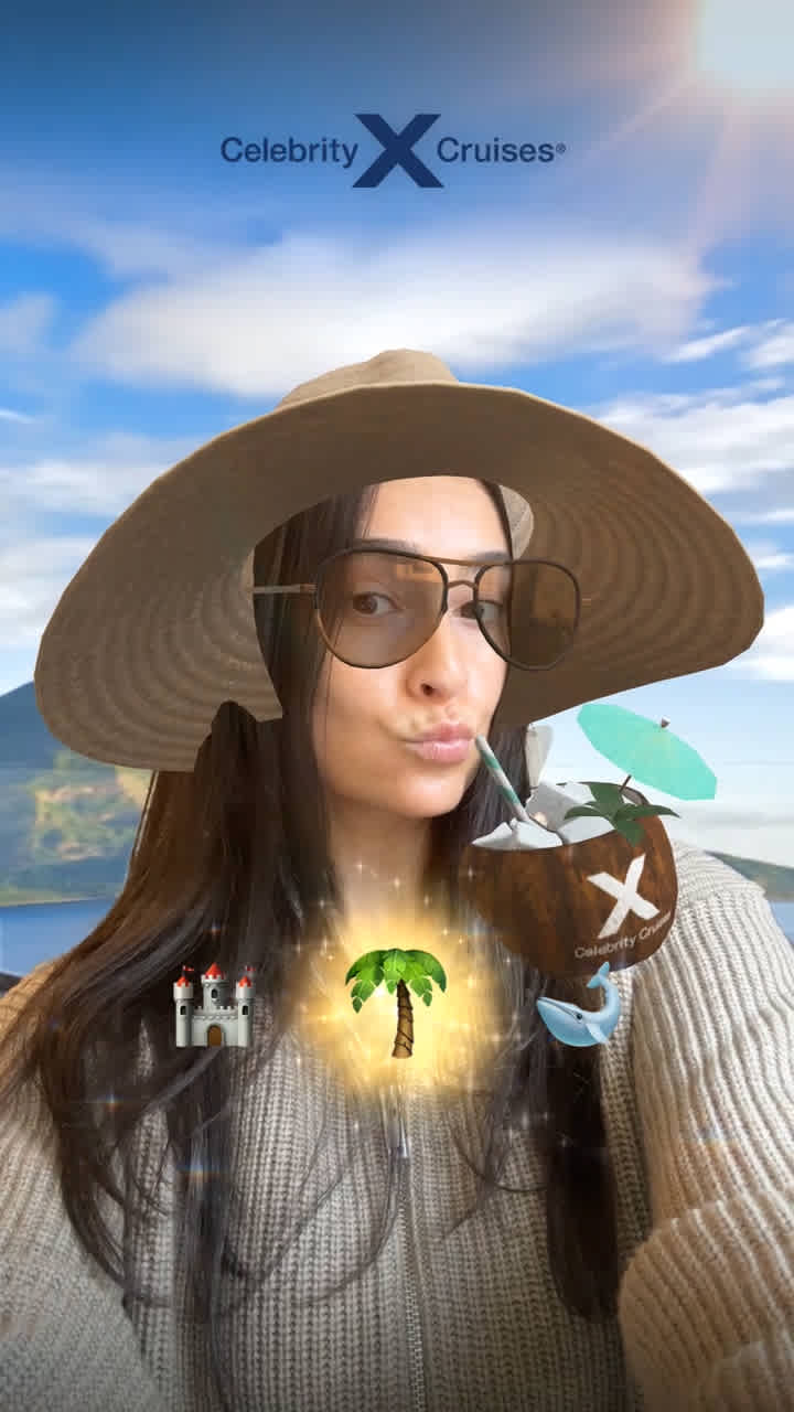 AR lens showing a traveler in vacation mode with tropical icons for Celebrity Cruises brand awareness on Snapchat.