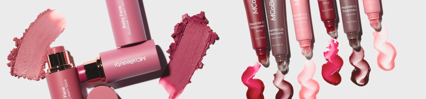 MCoBeauty lip products and blush textures promoting beauty campaign with Snapchat AR Lenses for Superdrug brand awareness.