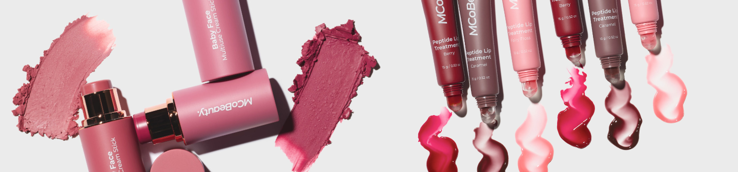 MCoBeauty lip products and blush textures promoting beauty campaign with Snapchat AR Lenses for Superdrug brand awareness.