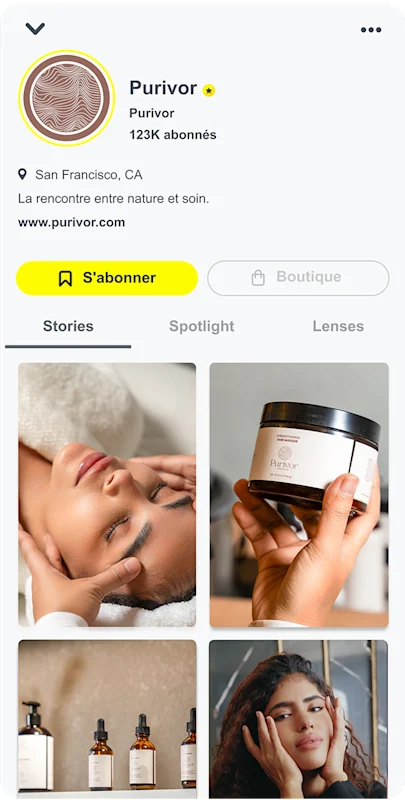 Exemple de profil public Snapchat affichant details de marque nombre dabonnes et grille de Stories.