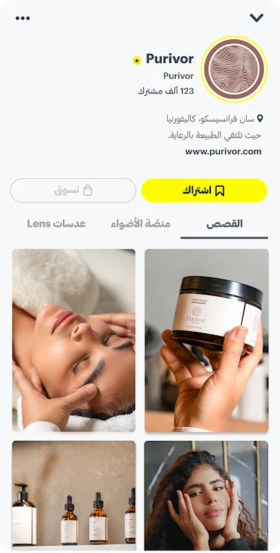 مثال على ملف شخصي عام على سناب شات يعرض تفاصيل العلامة وعدد المشتركين وشبكة القصص.