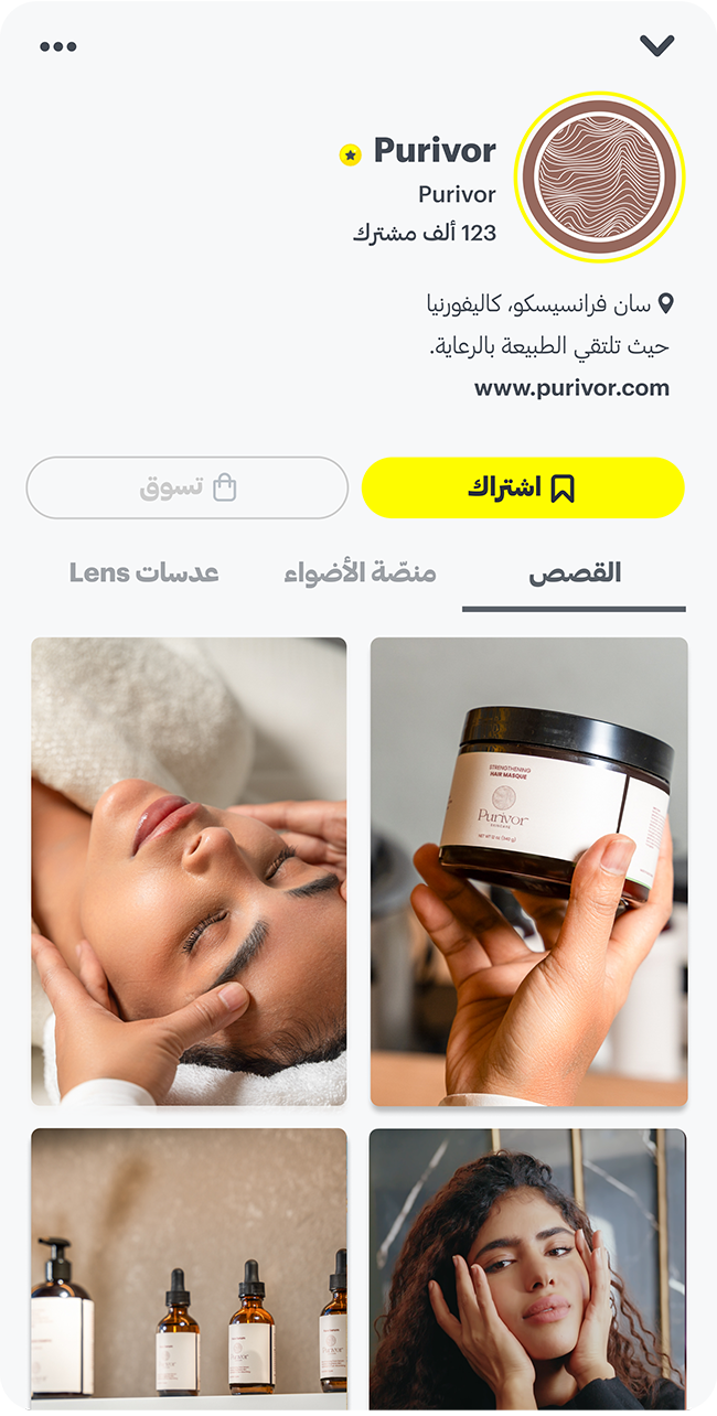 مثال على ملف شخصي عام على سناب شات يعرض تفاصيل العلامة وعدد المشتركين وشبكة القصص.