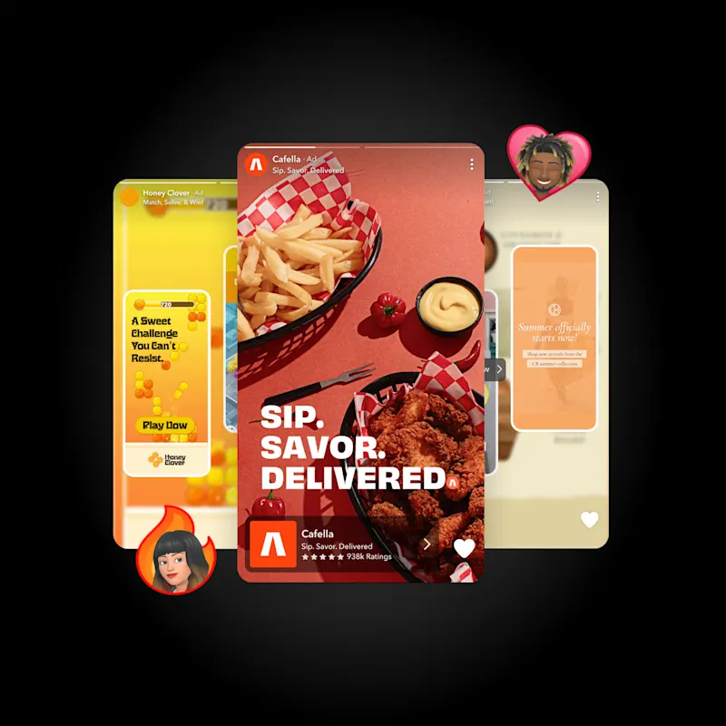 Snapchat App Power Pack preview showing restaurant ad with food delivery and interactive mobile ads.
