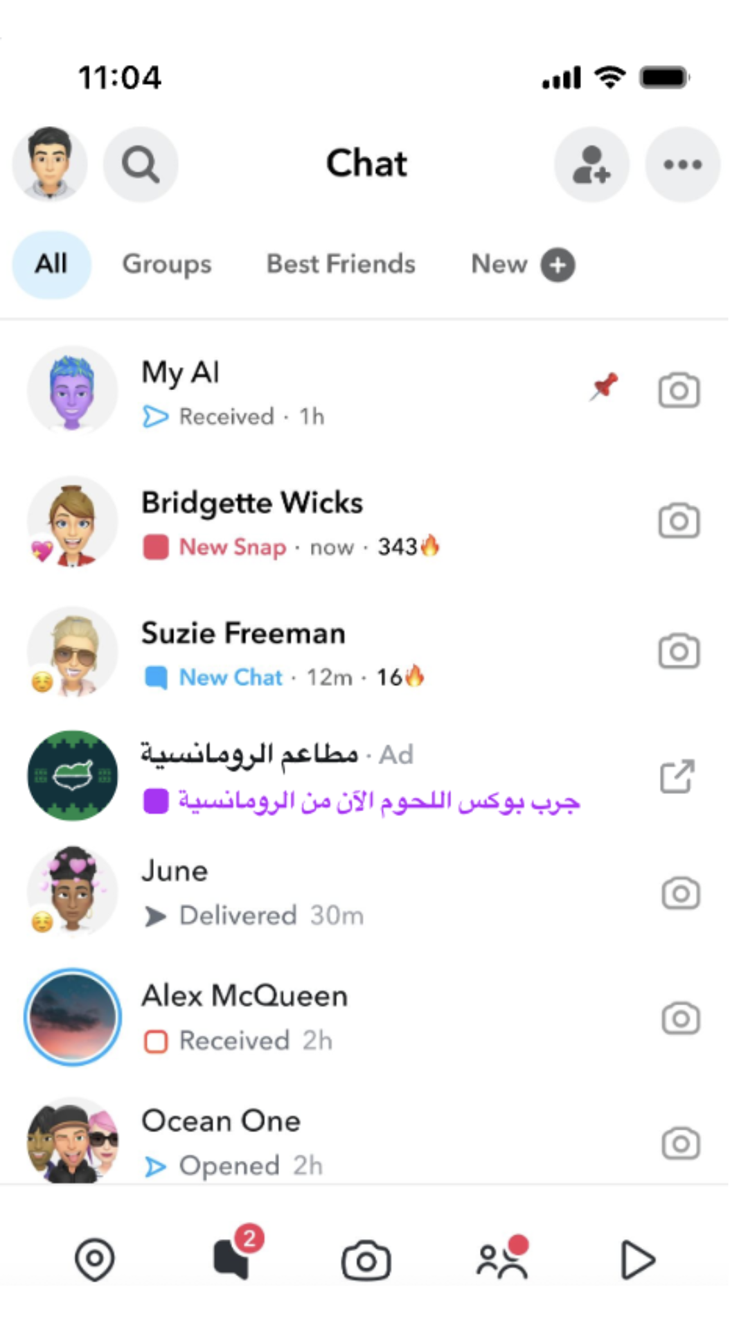 A Snapchat user’s chat feed shows an unopened chat from Alromansiah via the new Sponsored Snaps format.