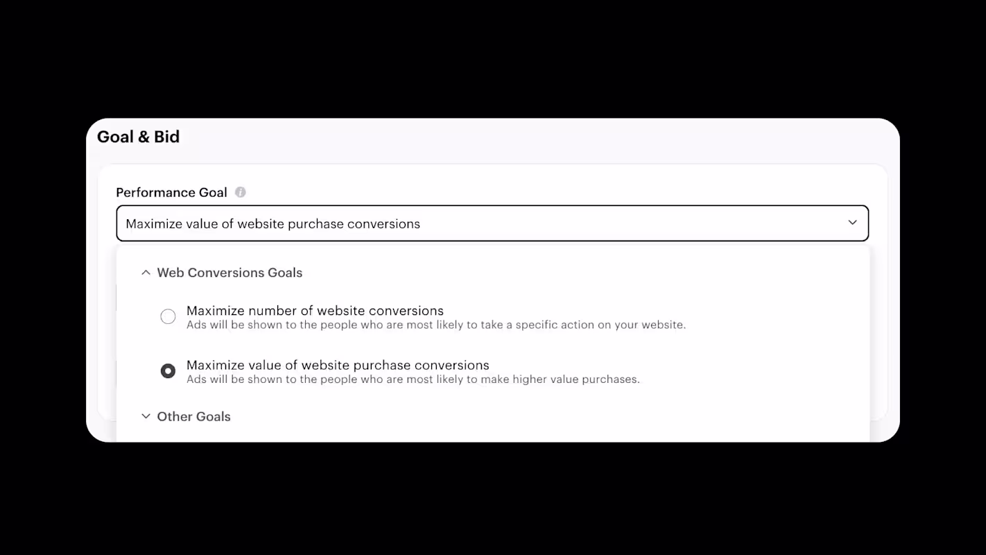 Snapchat Ads Manager zeigt bei „Goal & Bid“ die Option „Maximize value of website purchase conversions“, mit der Kampagnen auf Käufe mit höherem Warenkorbwert optimiert werden können.
