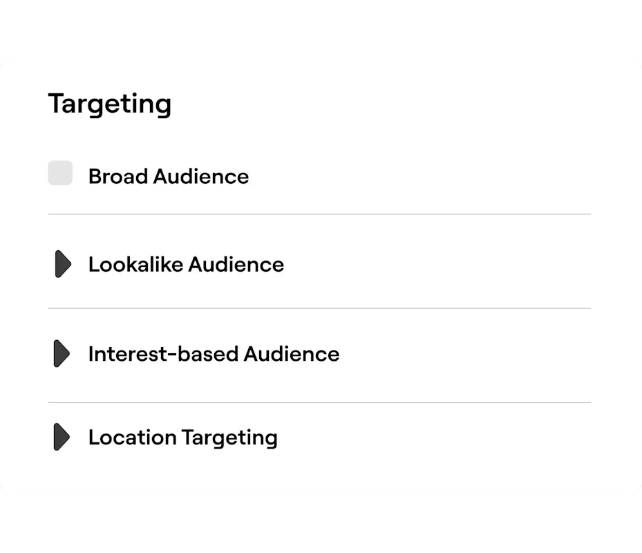 Targeting interface with options for broad audience, lookalike audience, and interest-based audience