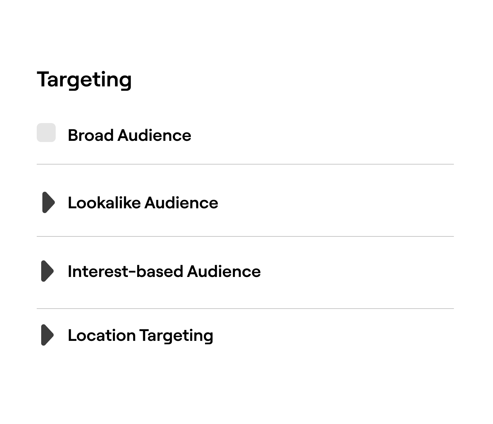 Targeting interface with options for broad audience, lookalike audience, and interest-based audience