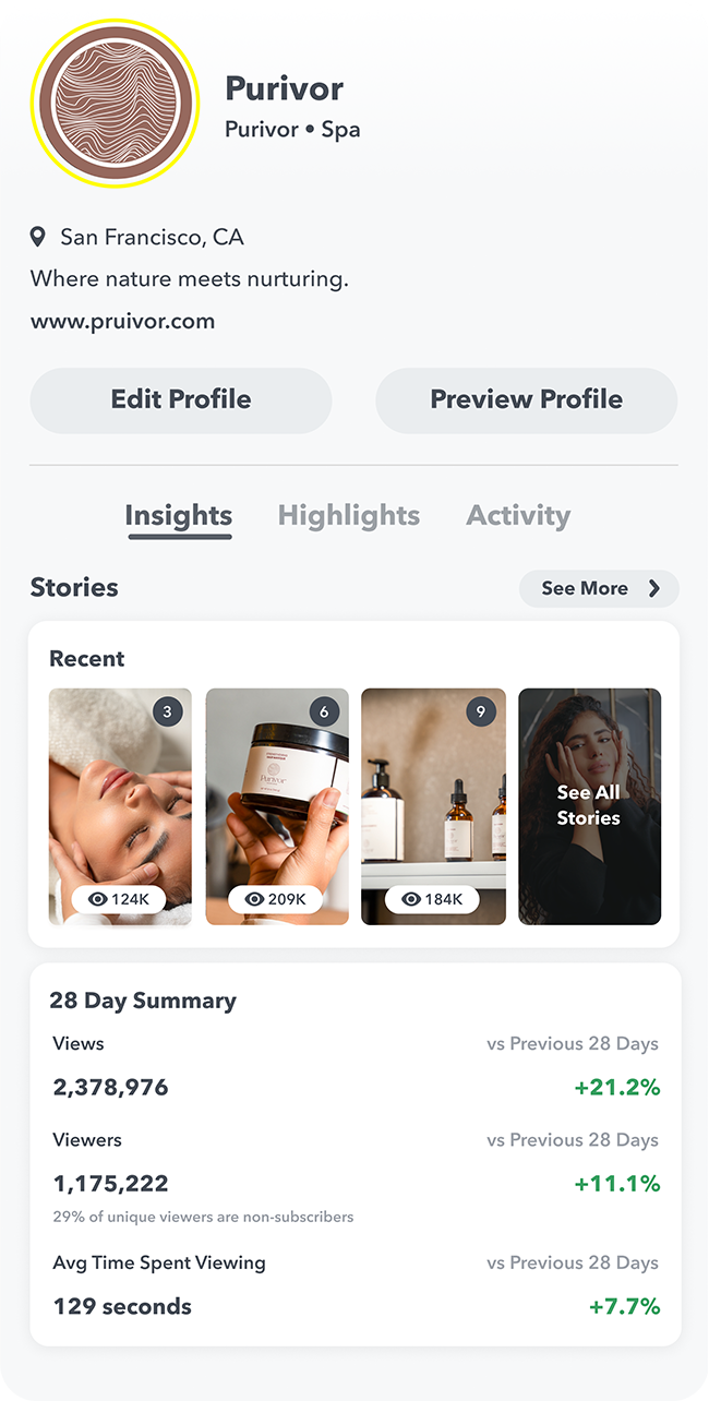 Insights tab of a snapchat public profile showing story views and metrics that help creators understand audience performance.