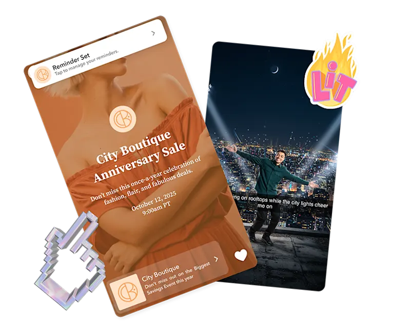 City Boutique reminder ad with sale promo beside a rooftop scene highlighting creative performance advertising on Snap.