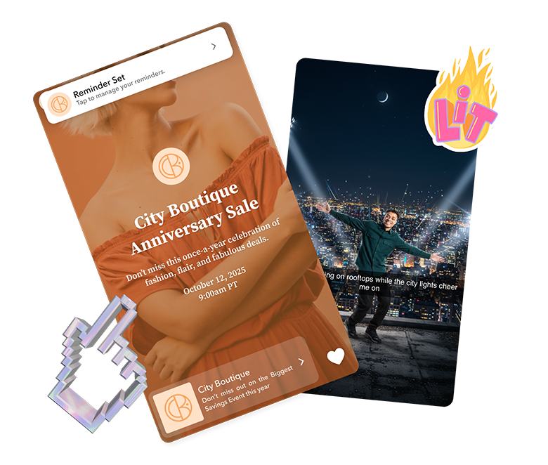 City Boutique reminder ad with sale promo beside a rooftop scene highlighting creative performance advertising on Snap.