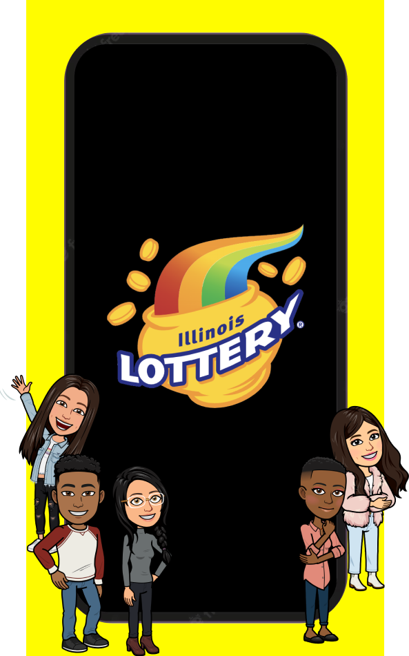 Illinois Lottery logo with bitmoji's surrounding it