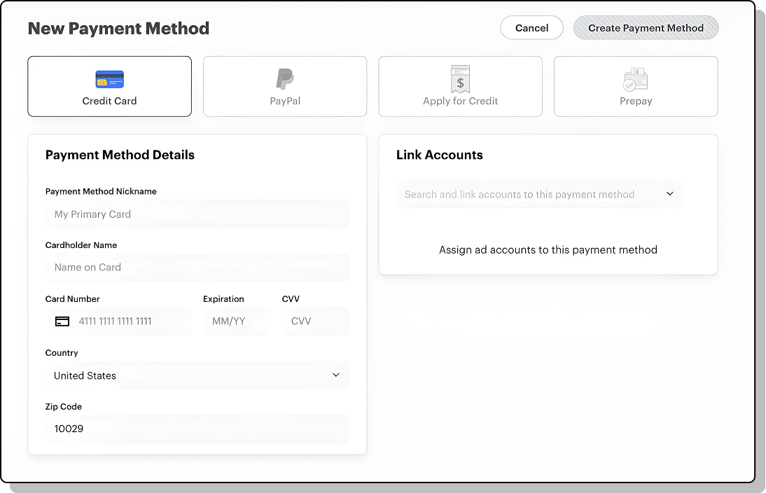 Screenshot of adding a new payment method