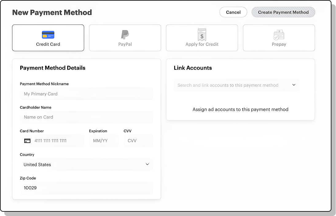 Screenshot of adding a new payment method