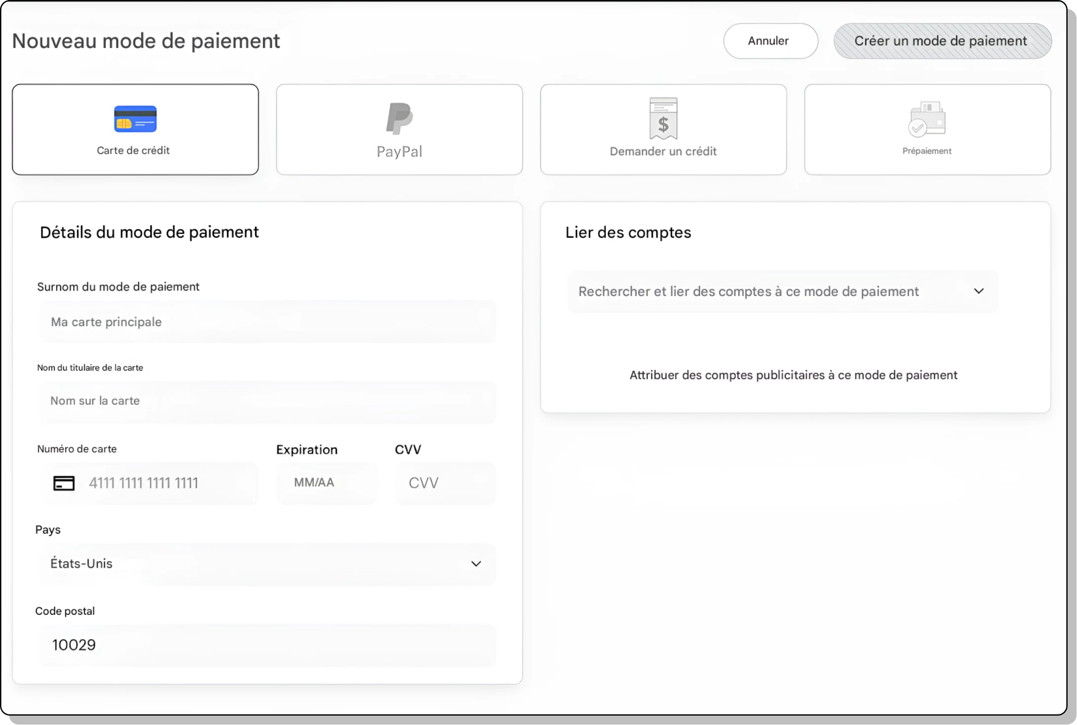 Screenshot of adding a new payment method