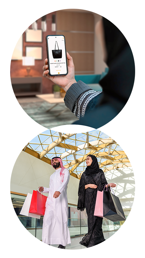 A vertical graphic showing Saudi retail and immersive shopping experiences.