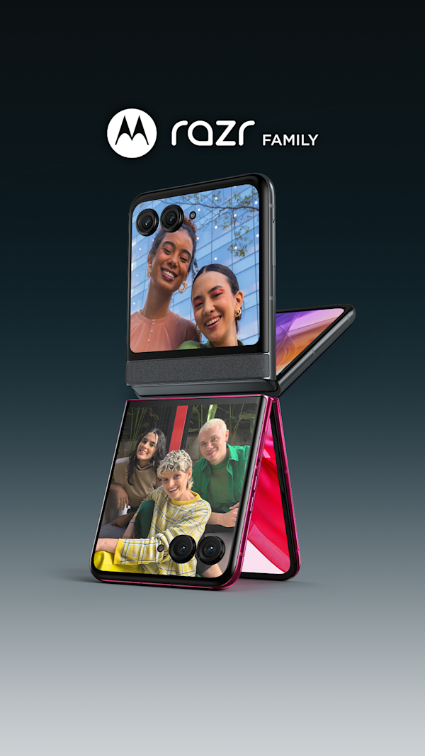 Two motorola razr flip phones, open and stacked with personal photos visible. Text reads, “razr family.”