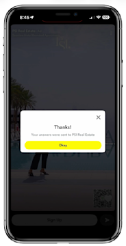 PSI Real Estate’s lead form displayed in Snap-native UI superimposed over a still from the ad.