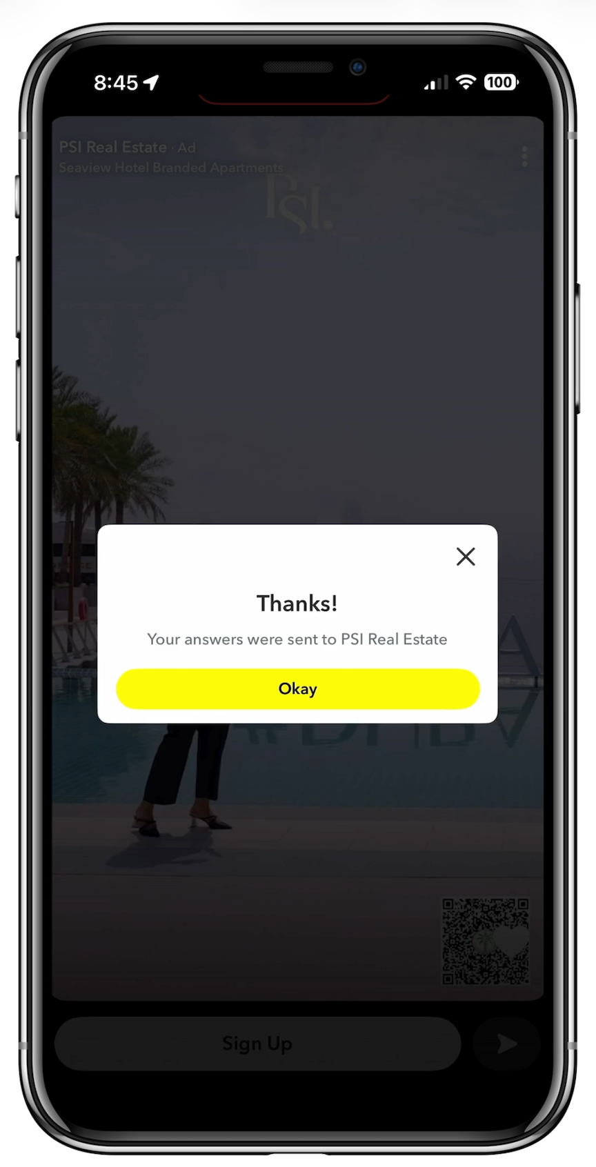 PSI Real Estate’s lead form displayed in Snap-native UI superimposed over a still from the ad.
