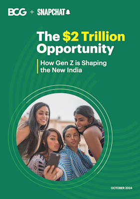 BCG + Snapchat. The $2 Trillion Opportunity. How Gen Z is Shaping the New India. Image of Gen Z Indians taking a selfie.