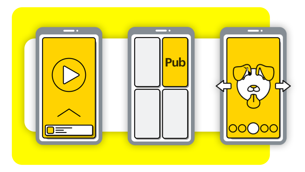 Image graphique de trois icônes de téléphone avec les couleurs jaunes de Snapchat et les visuels publicitaires, Dynamic Videos, Story Ads et publicités avec des Lenses.