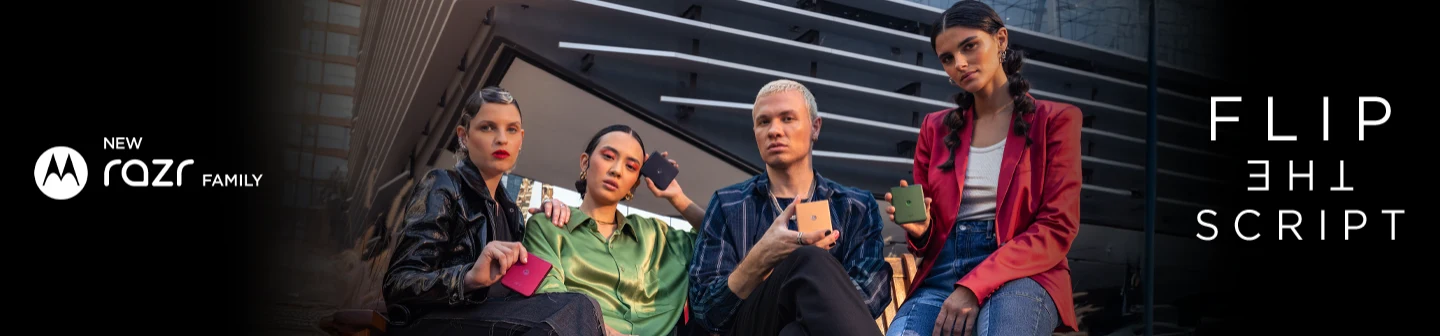 Four stylish individuals showcase colorful motorola razr phones. Text reads, “New razr family. Flip the Script.”