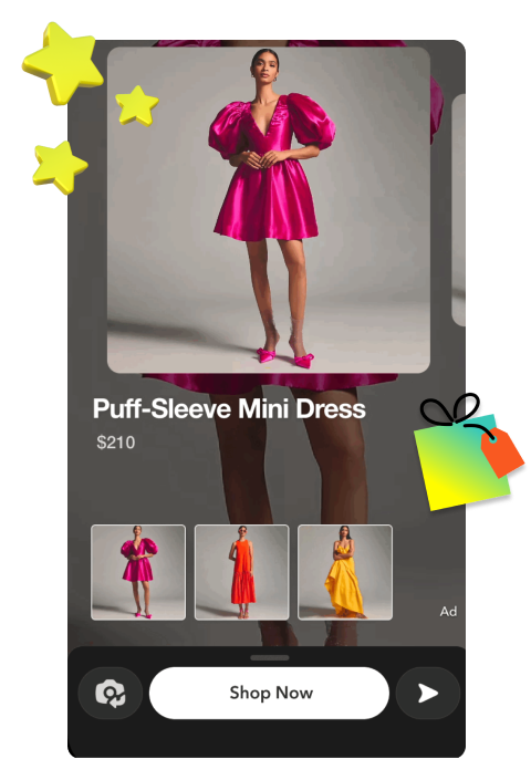 Phone shopping app showing different dresses.