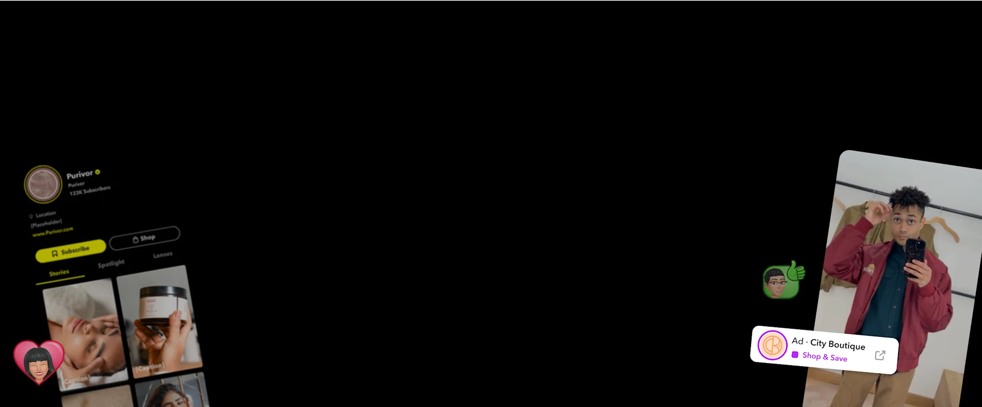 Expériences publicitaires Snapchat mettant en avant des créateurs et la découverte de produits pour les entreprises.