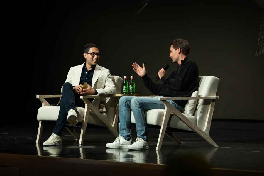 Snap CEO Evan Spiegel with VP of Small and Medium Customers Sid Malhotra speak at summit