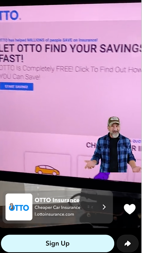Bearded man overlaid via green screen in front of OTTO’s savings page - blue 'Sign Up' button appears at bottom of Snapchat ad.