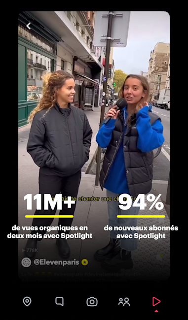 Snapchat ad for Elevenparis showing a lady being interviewed with key stats listed