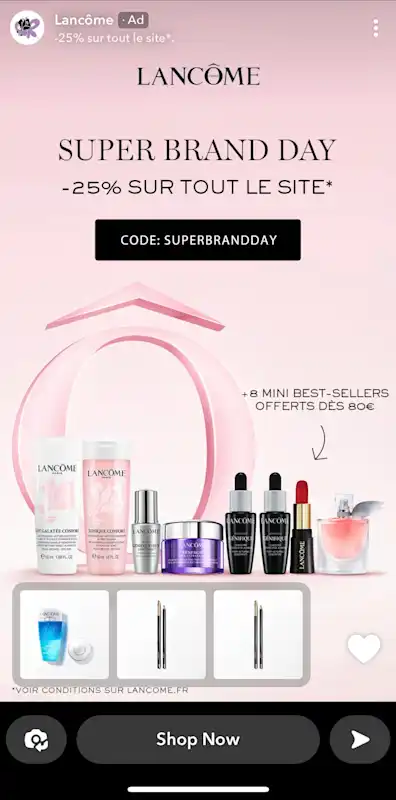 Annonce Snapchat présentant les produits Lancôme.