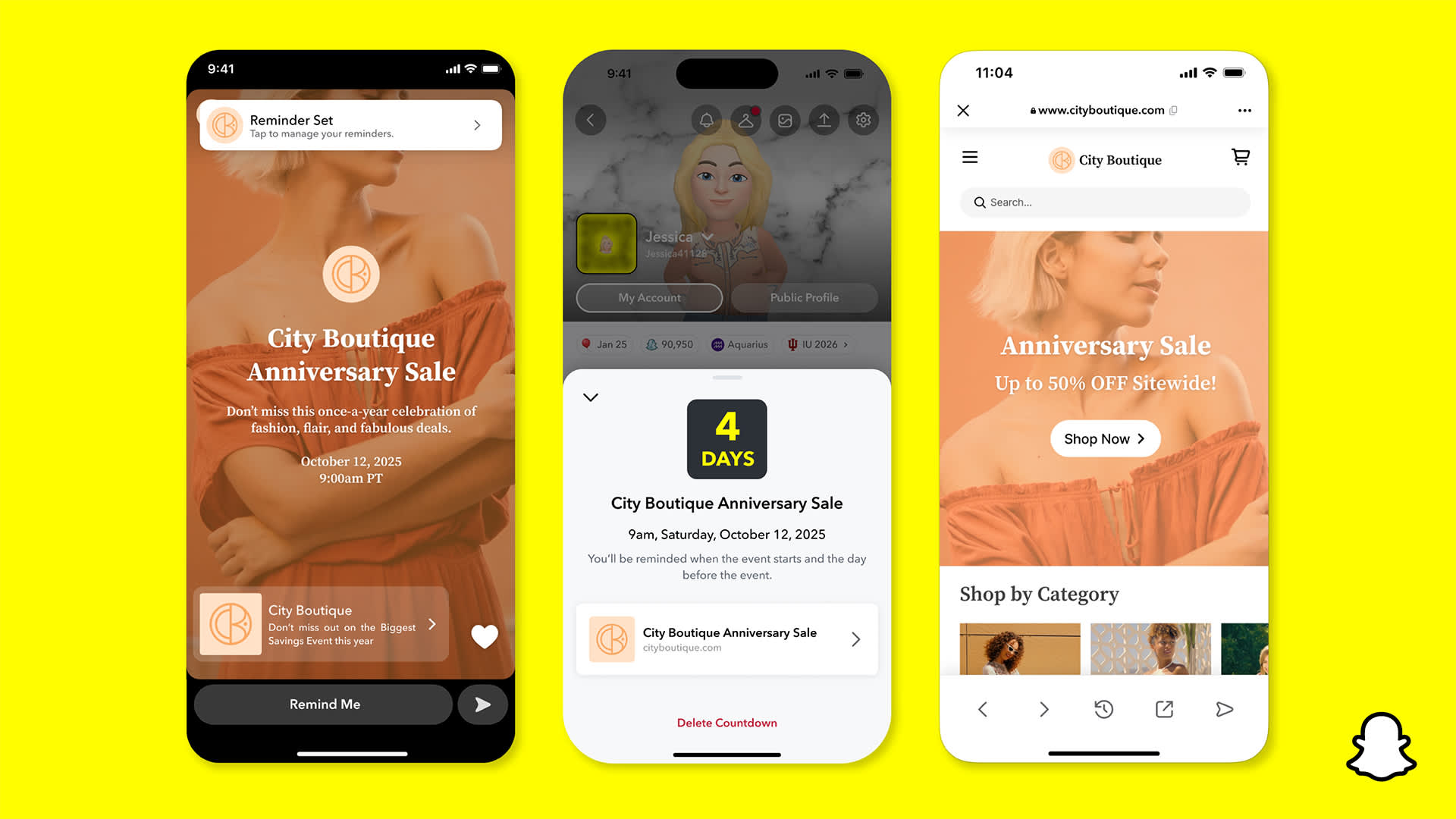 Three Reminder Ad screens showing how Snapchat lets people set event alerts and receive notifications for key moments.