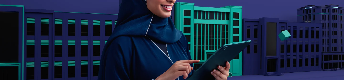 Visuel de campagne Riyad Bank montrant une femme utilisant une tablette pour interagir avec des Snapchat Ads.