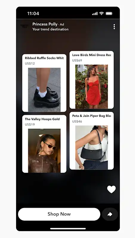 Princess Polly Snapchat ad showcasing dynamic fashion products including dresses, bags, and accessories.