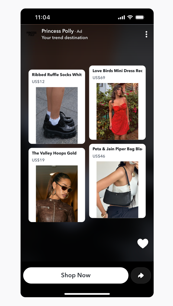 Princess Polly Snapchat ad showcasing dynamic fashion products including dresses, bags, and accessories.
