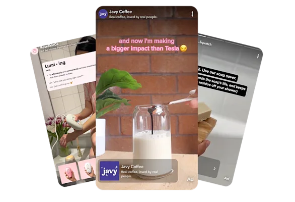 Formats publicitaires Snapchat verticaux montrant des stories immersives du shopping et du contenu de createurs pour la notoriete.
