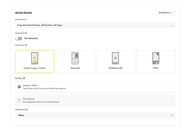 Snapchat for Business's Ad Set Details widget