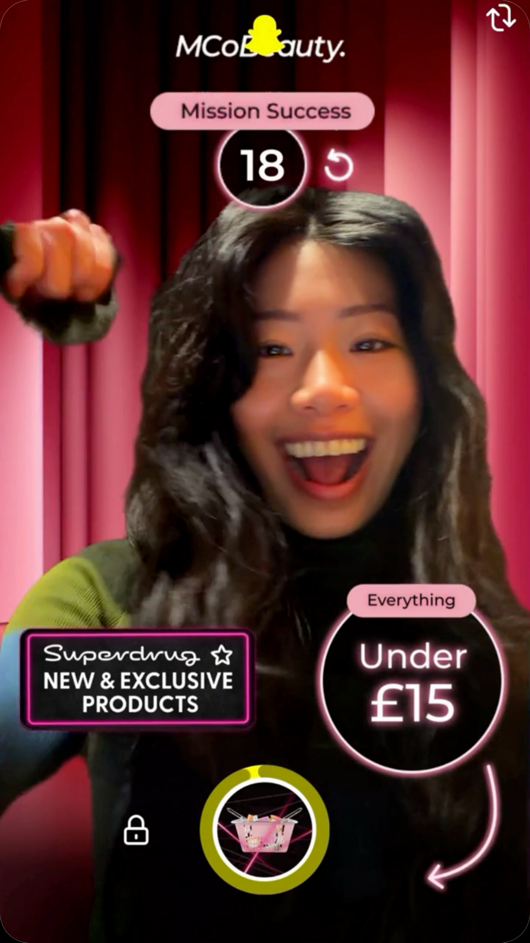 Woman celebrating Snapchat AR lens success with beauty deals under 15 pounds using Snapchat AR Lenses Ads.